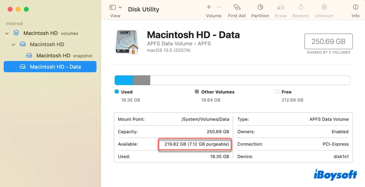 Check purgeable space in Disk Utility