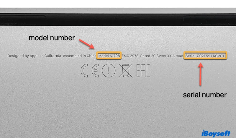 the model number and serial number on the bottom of your MacBook Pro