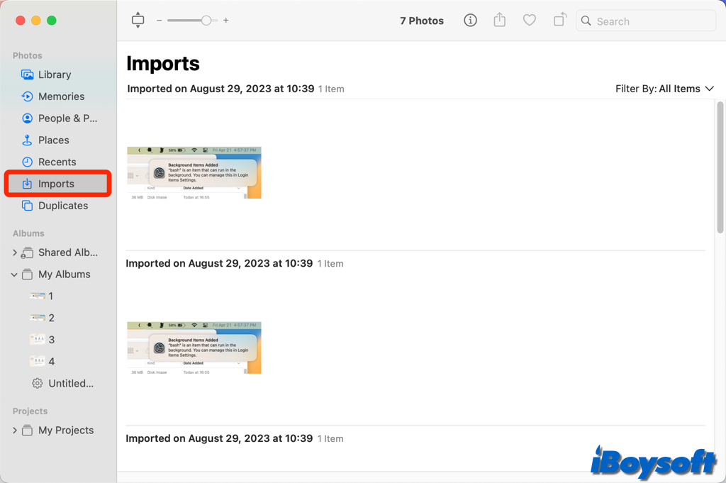 imports in photos app