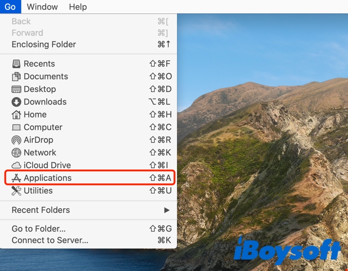 open Applications folder from Finder Go menu