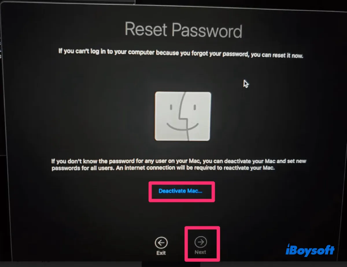 Deactivate Mac to reset password