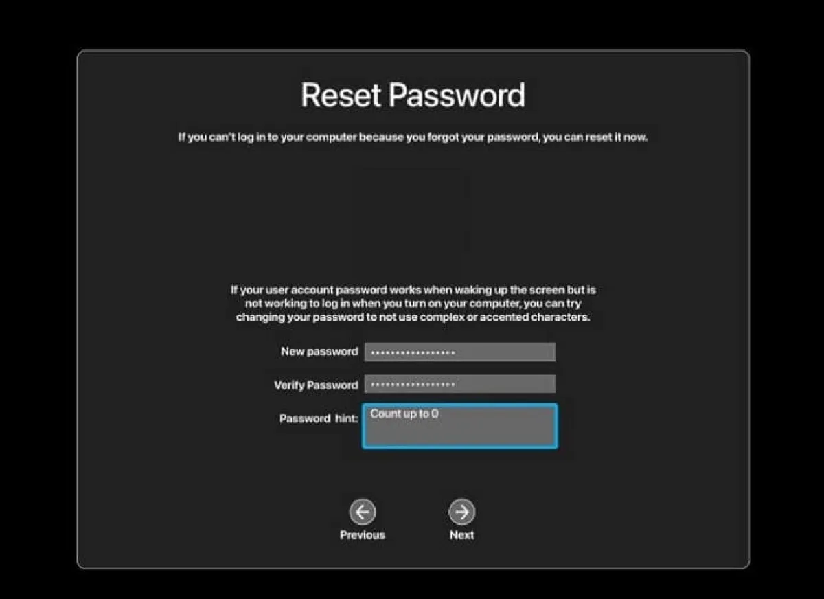 Enter your new password and password hint