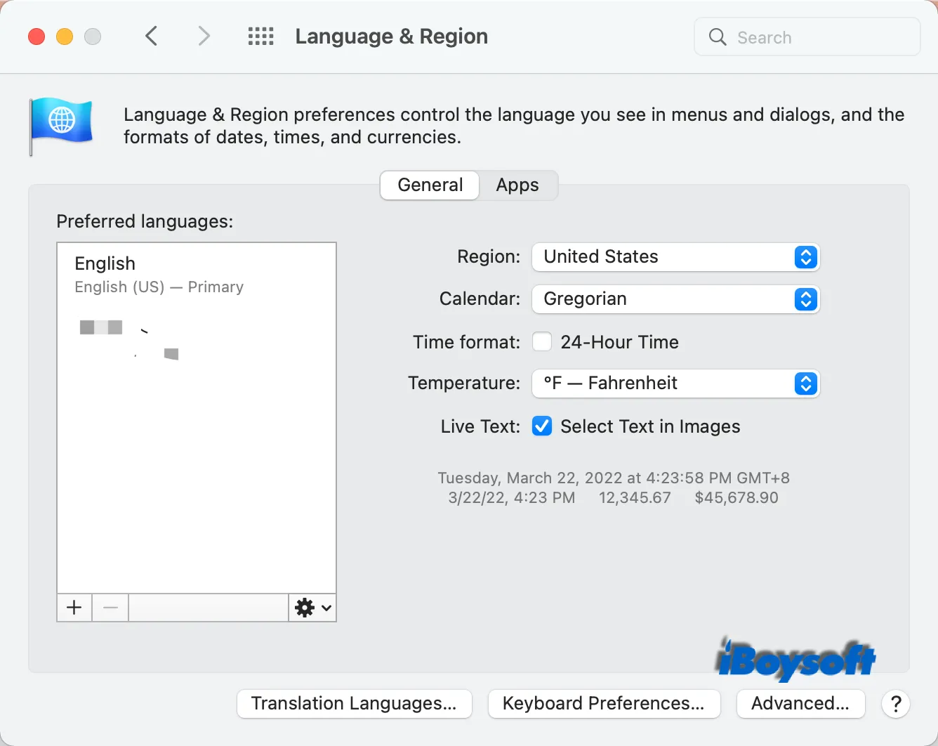 check language and region settings on Mac