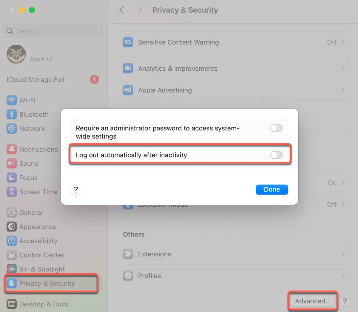 Desactivar la opción Cerrar sesión automáticamente después de inactividad para evitar que Mac solicite la contraseña para habilitar Touch ID