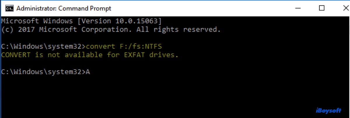 exFATドライブではコンバートが利用できないというエラーメッセージ
