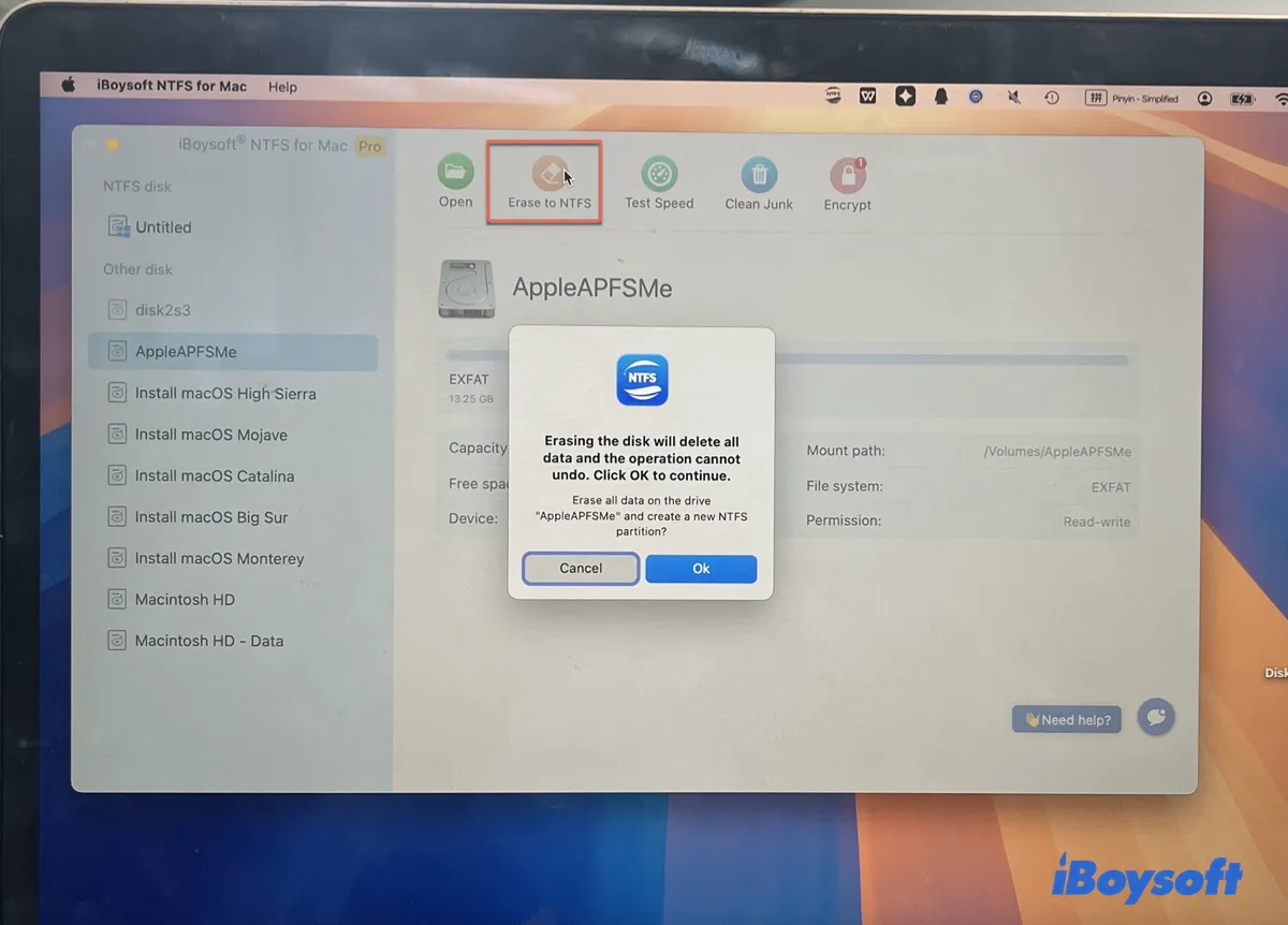 Clicking Erase to NTFS