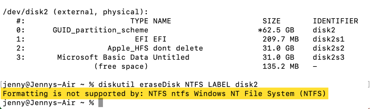Terminal fails to format a drive to NTFS with the error Formatting is not supported by NTFS ntfs Windows NT File System NTFS