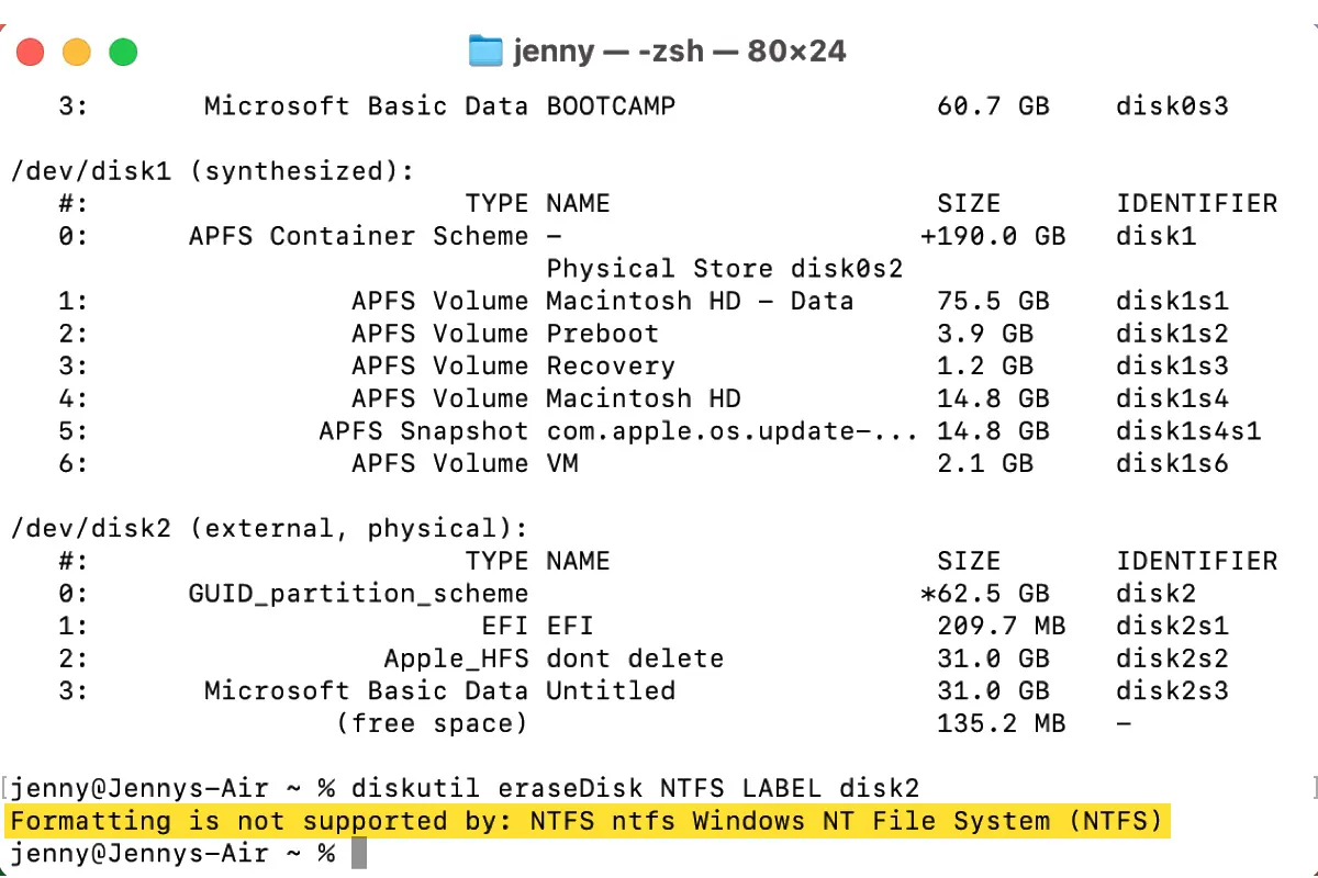Erreur de non prise en charge du formatage par NTFS dans le Terminal Mac