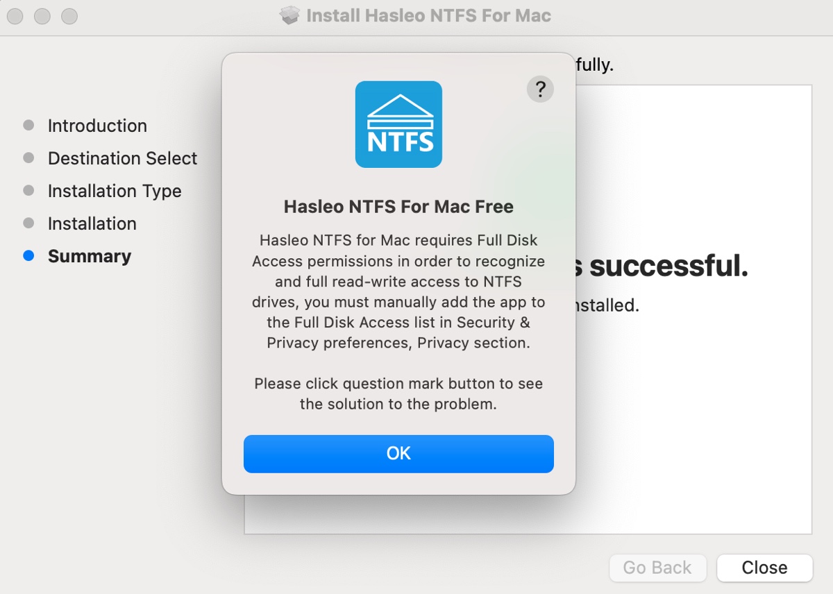 Hasleo NTFS para Mac require acceso completo al disco