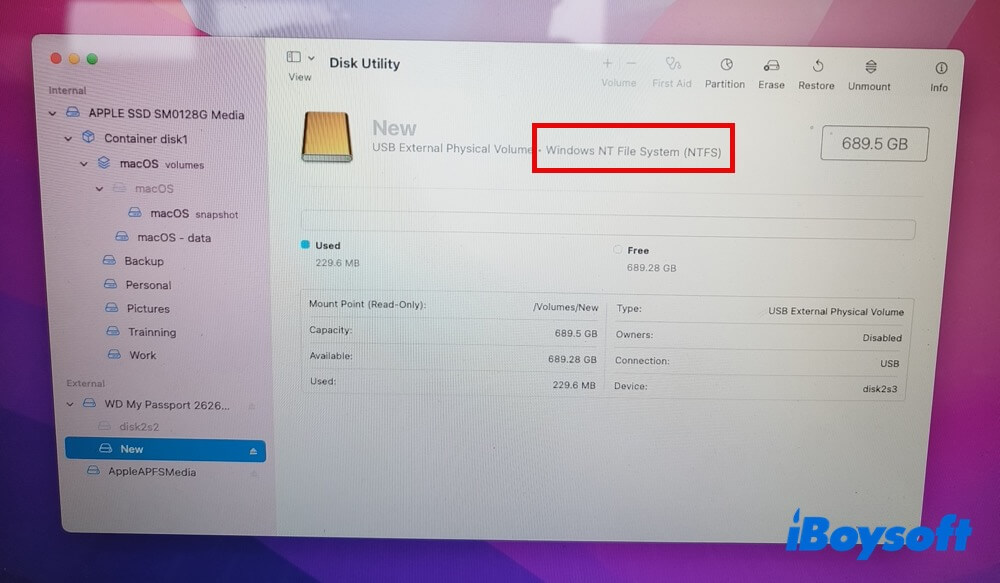 Check external hard drive file system in Disk Utility