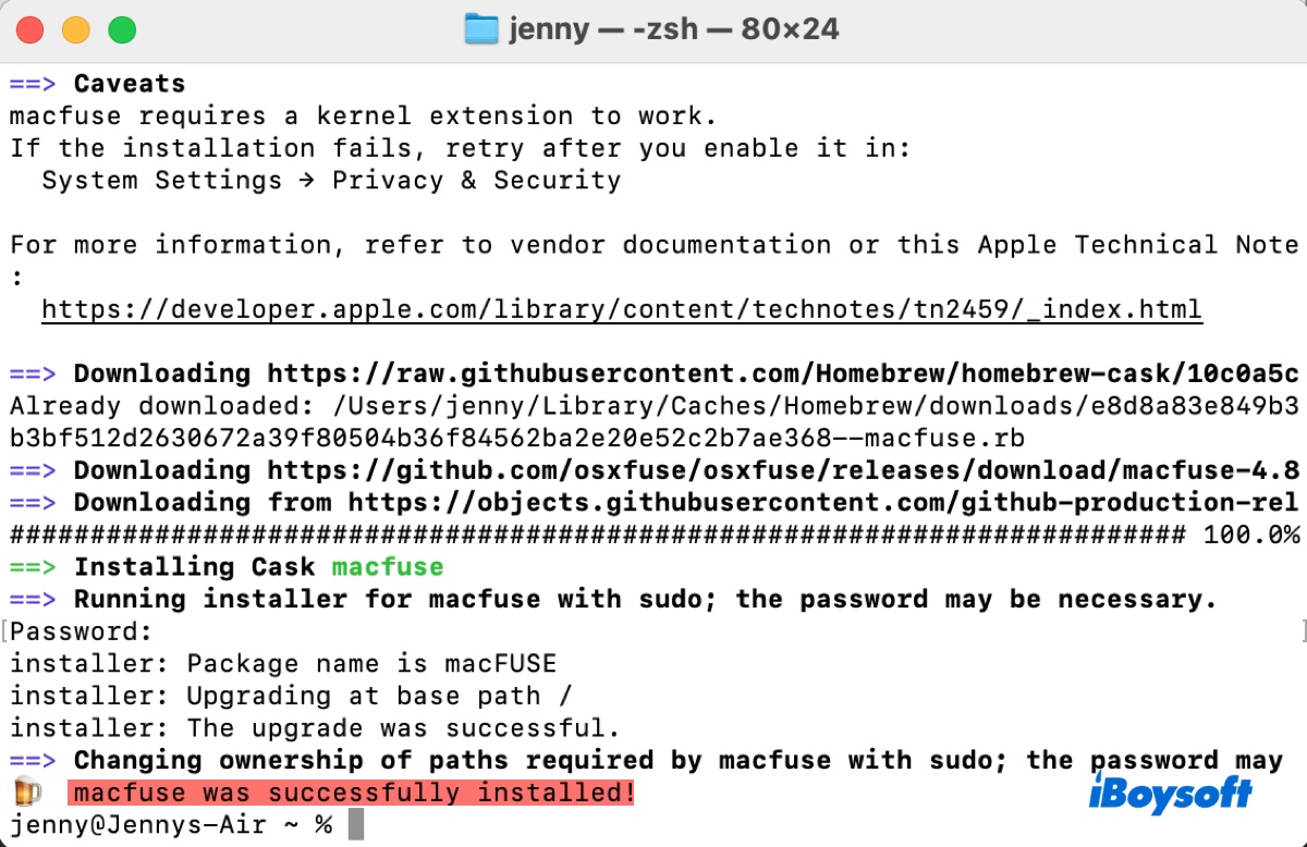 macFUSE for NTFS successfully installed on Mac