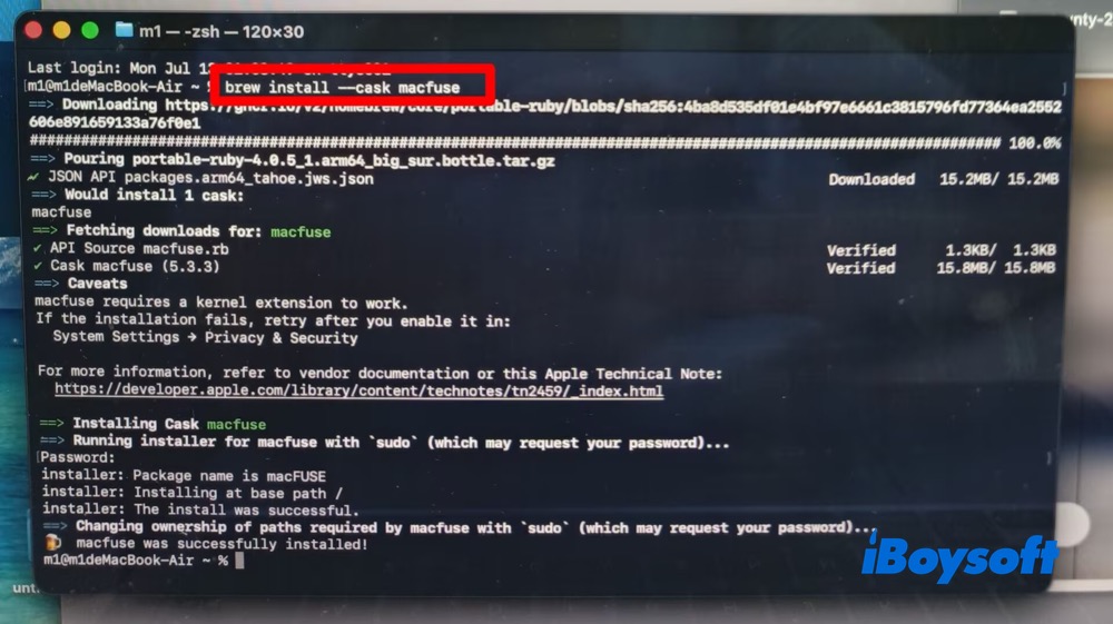Terminal ile macFUSE kurulumu