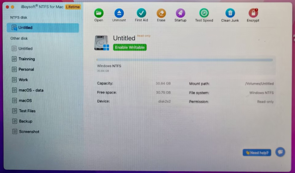 Enable Writable on iBoysoft NTFS for Mac