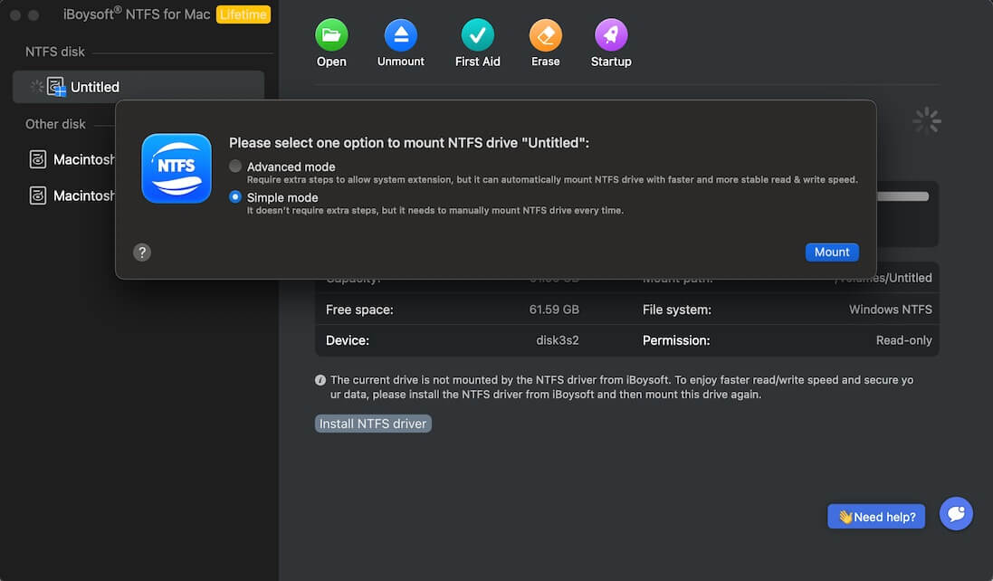 iBoysoft NTFS for Mac çift modlu çalışma desteği