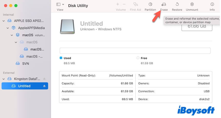 click Erase in the Disk Utility toolbar