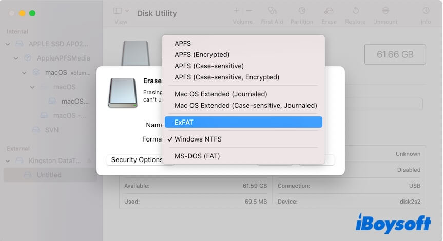 effacer NTFS vers un système de fichiers compatible avec macOS