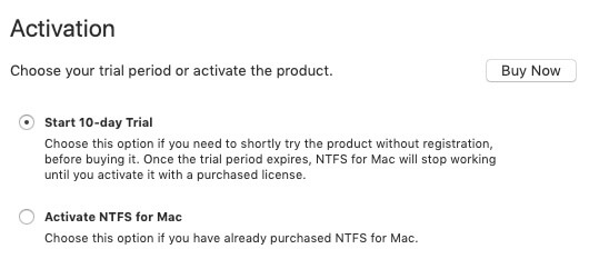 Choose 10 days free trial of Paragon NTFS for Mac