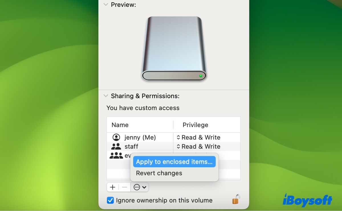 Apply changed permissions to all files on the Toshiba drive