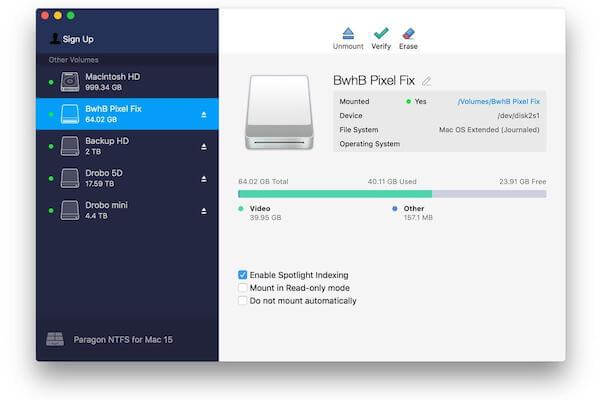 The interface of Paragon NTFS for Mac