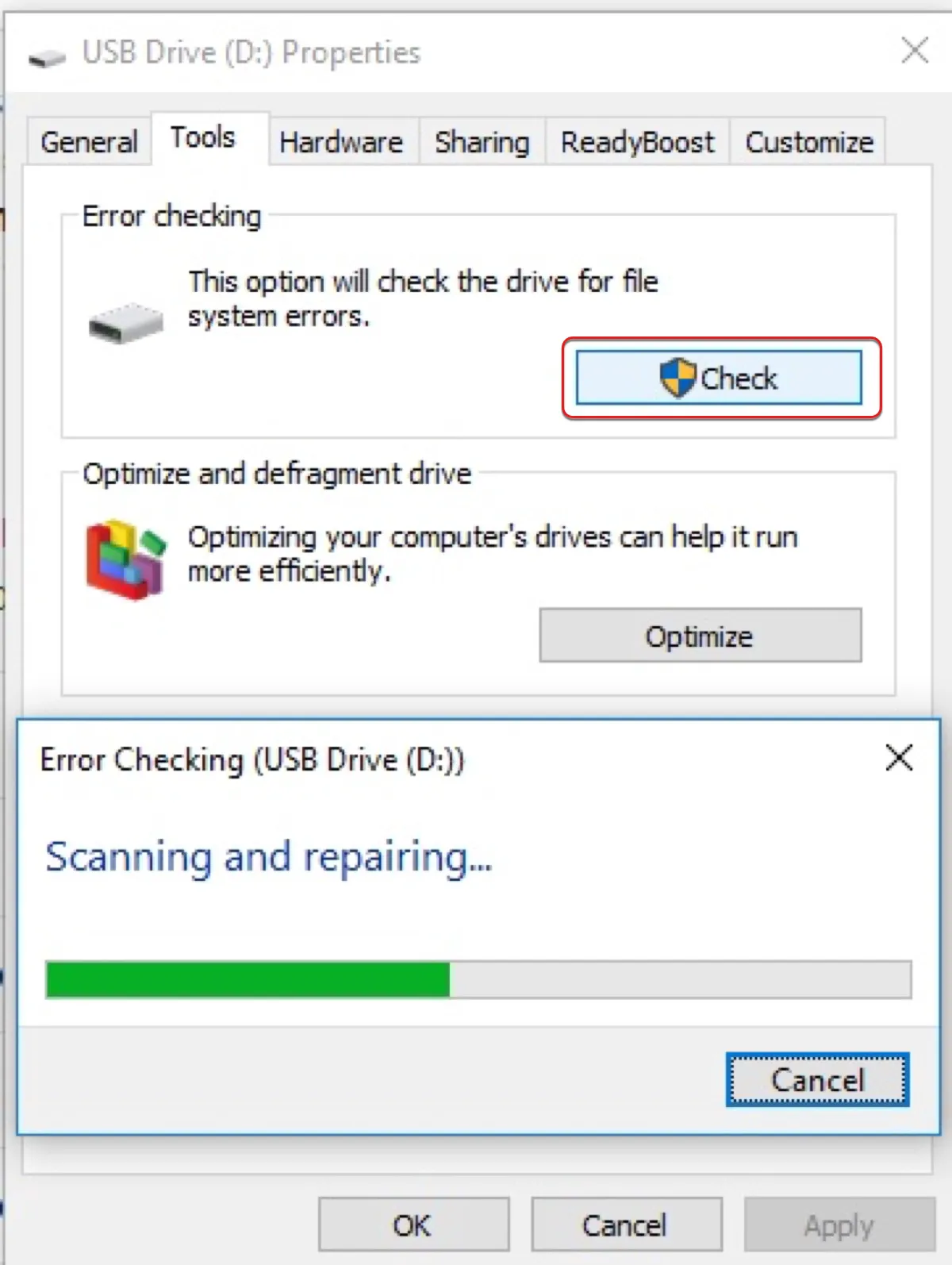 Check and repair error on the full SD card on Windows