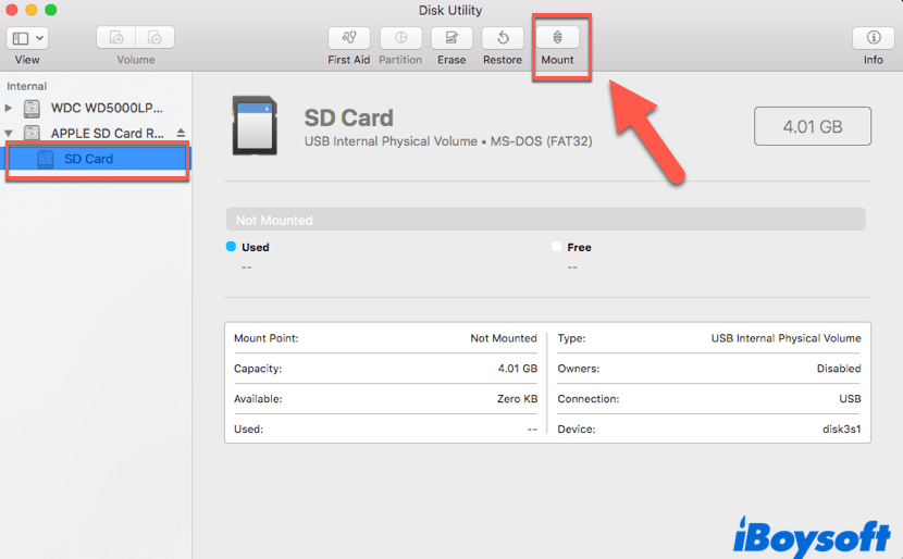 manually mount SD card on Mac using Disk Utility