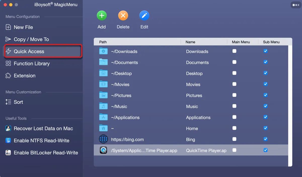 Adicionar acesso rápido ao menu de clique com o botão direito no Mac
