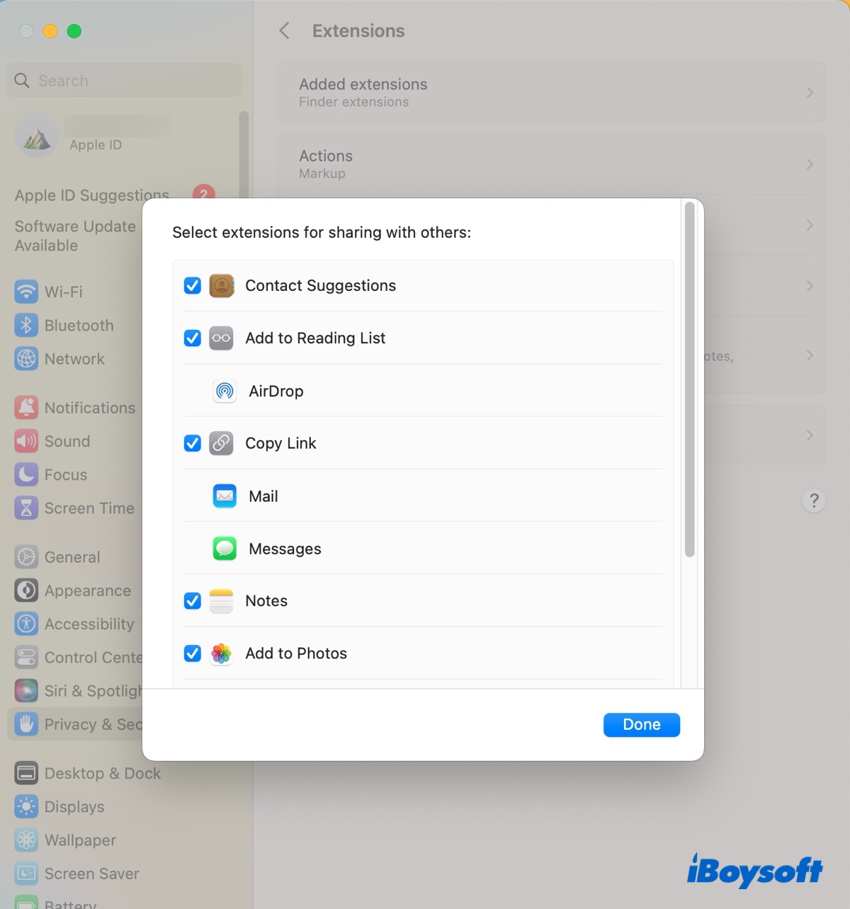 Add or remove items on the Share context menu on Mac