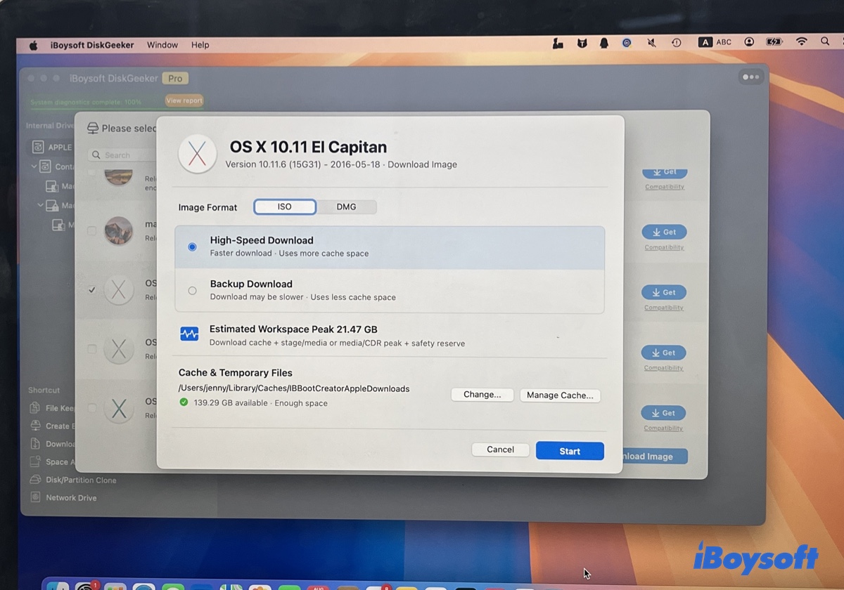 El Capitan için ISO veya DMG dosyasını indirmeyi seçin