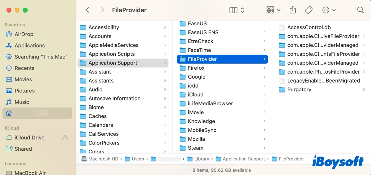 Löschen Sie den FileProvider-Ordner auf dem Mac, um fileproviderd zu stoppen