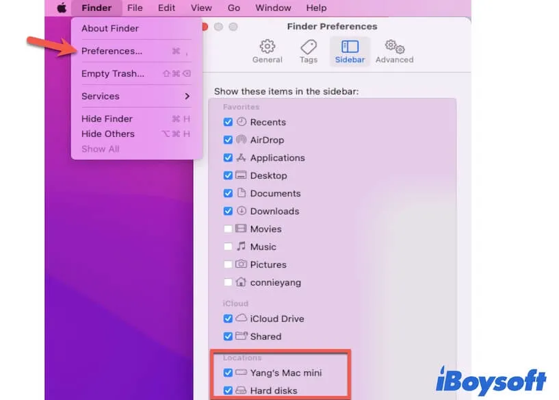 show Mac hard drive in the Finder sidebar