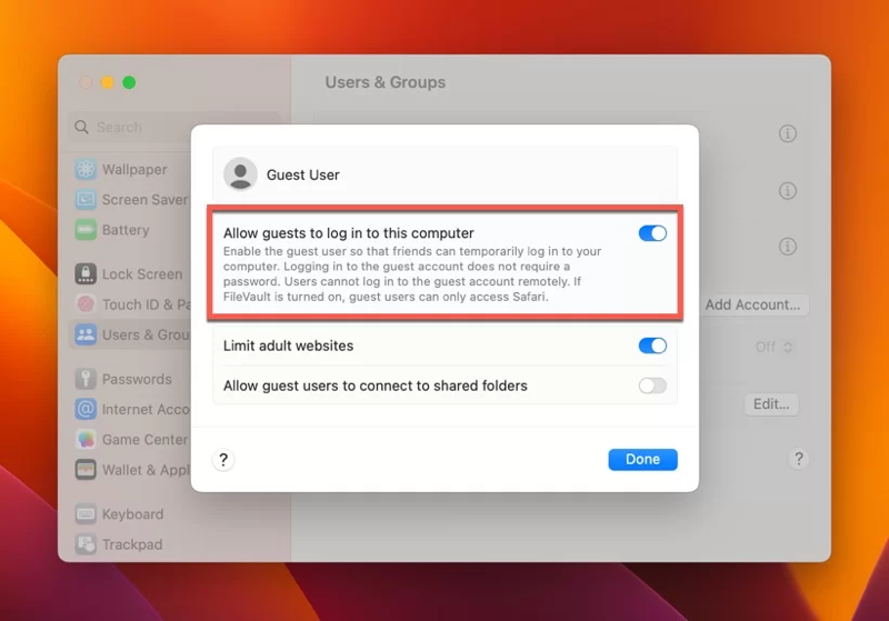 Allow guests to log in to this computer on macOS 13