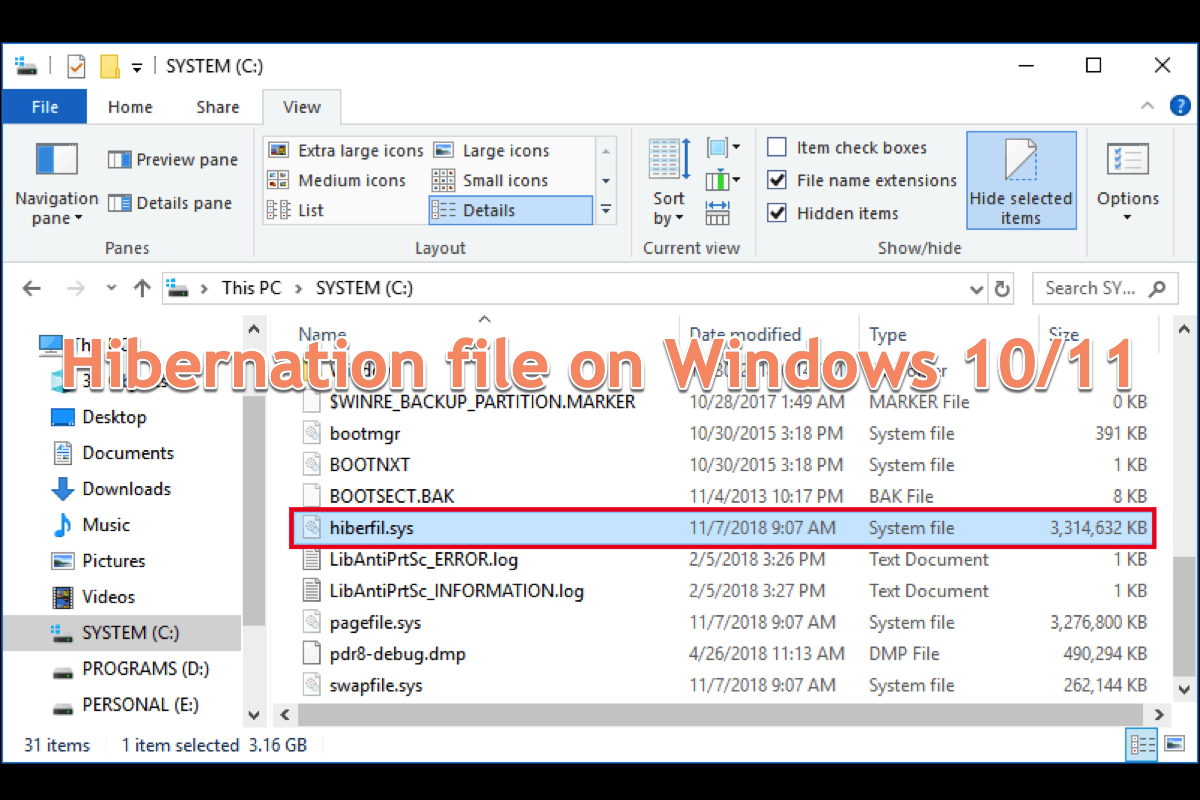 fichier d'hibernation sur Windows 10 et Windows 11