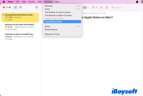 Float note on the Apple Notes