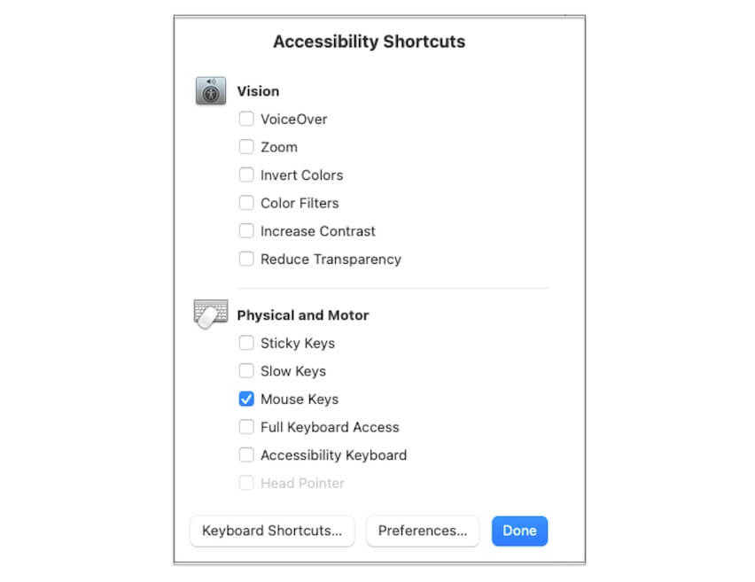 keyboard shortcuts to turn off accessibility Mac