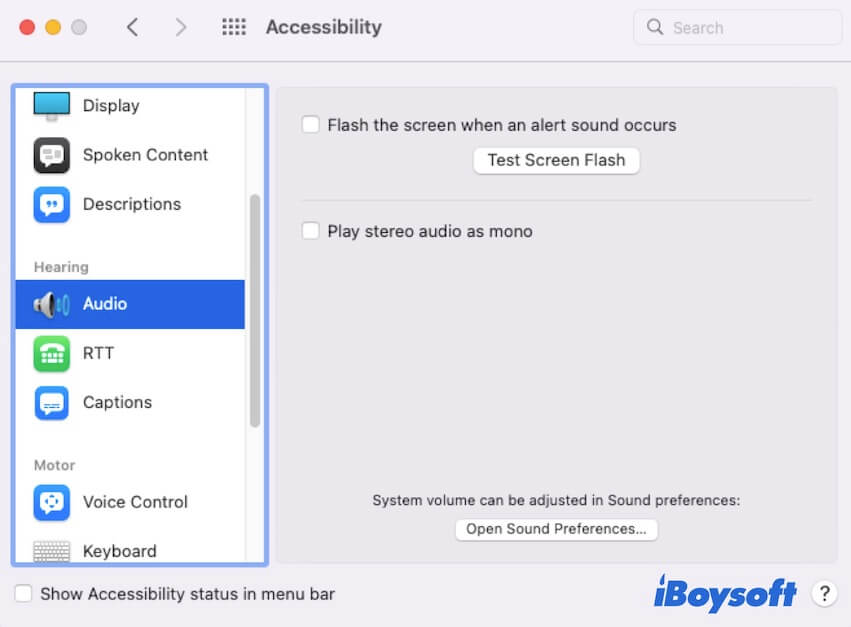 Fonctionnalités d'accessibilité auditive sur Mac