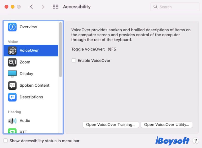 Fonctionnalités d'accessibilité VoiceOver sur Mac
