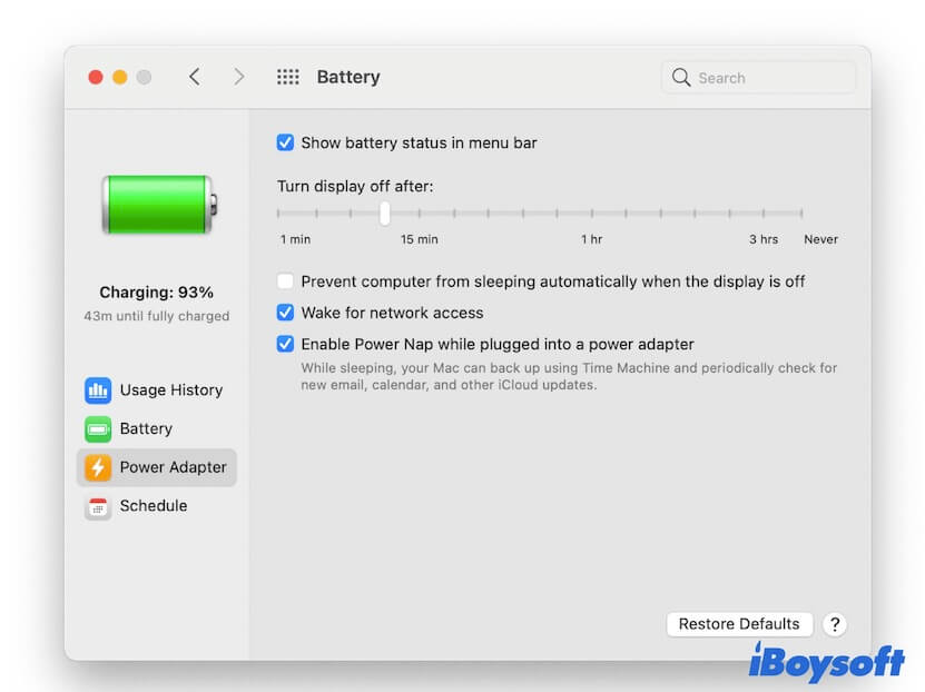 Power Adapter settings in Battery