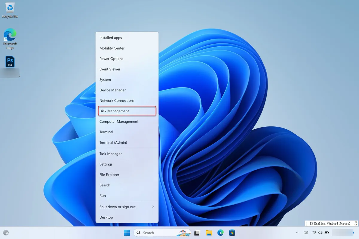 Mac OS Extended Journaled形式でフォーマットされたドライブを表示するために、Windows上のディスクの管理を開く