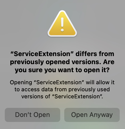 ServiceExtension differs from previously opened version