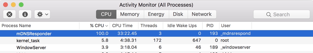 mDNSResponder high CPU usage in Activity Monitor