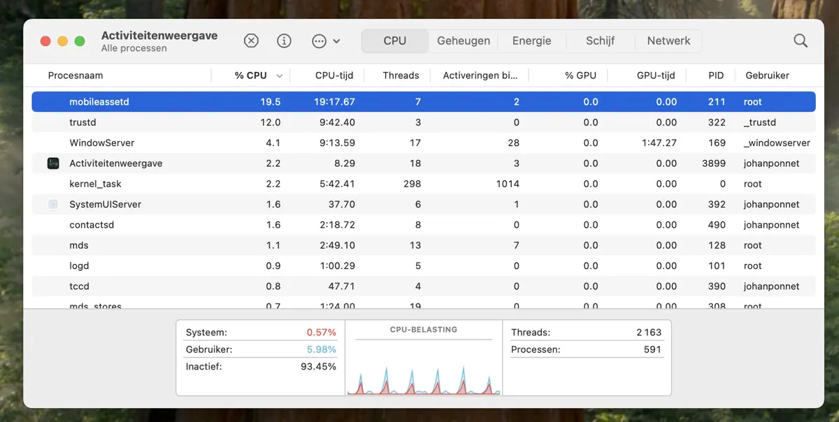 Activity MonitorでのMacのmobileassetd高CPU使用率