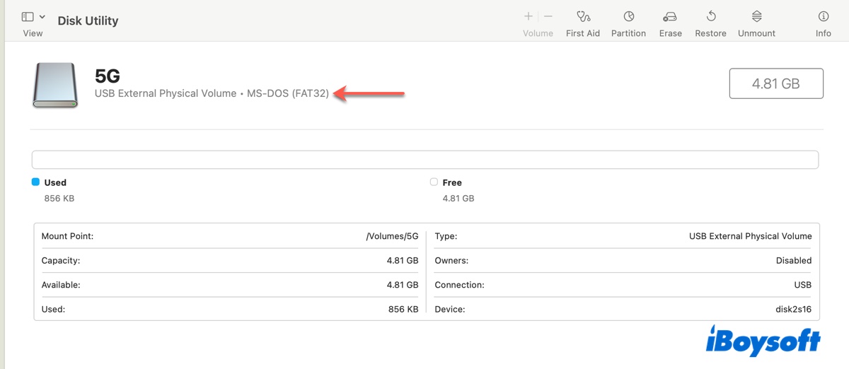 Verificar MS DOS FAT32 no Utilitário de Disco