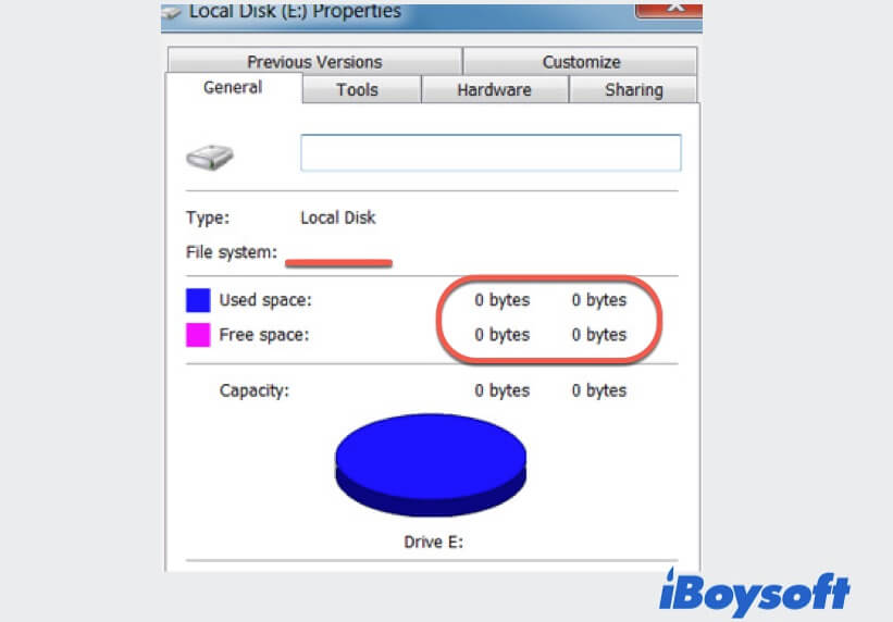 The disk shows 0 bytes in Properties