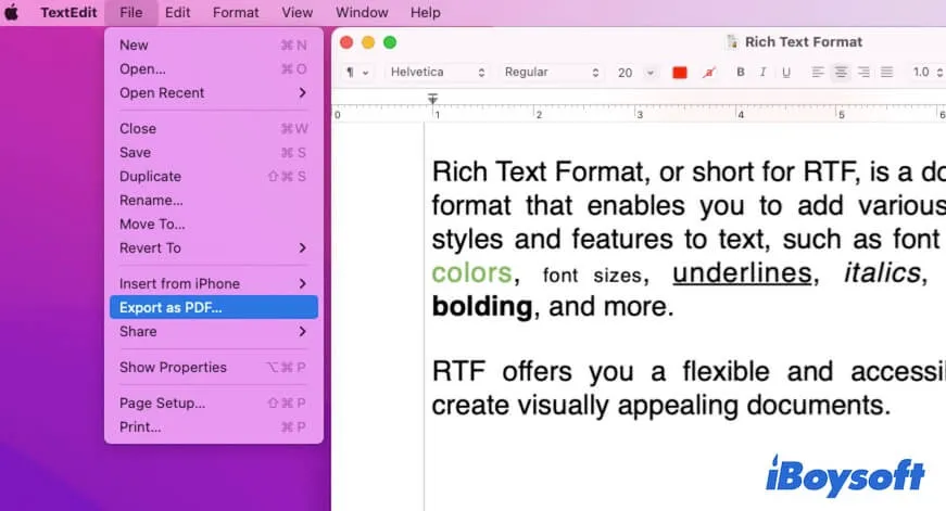 TextEditを使用してRich Text FormatをPDFに変換する