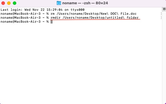 rm command line deletes a folder
