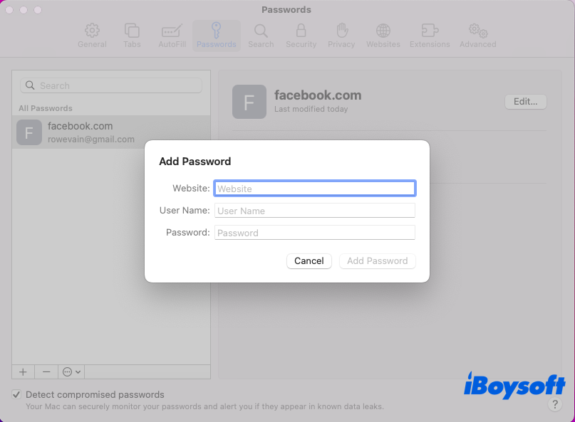 how to add a password via password manager for Safari