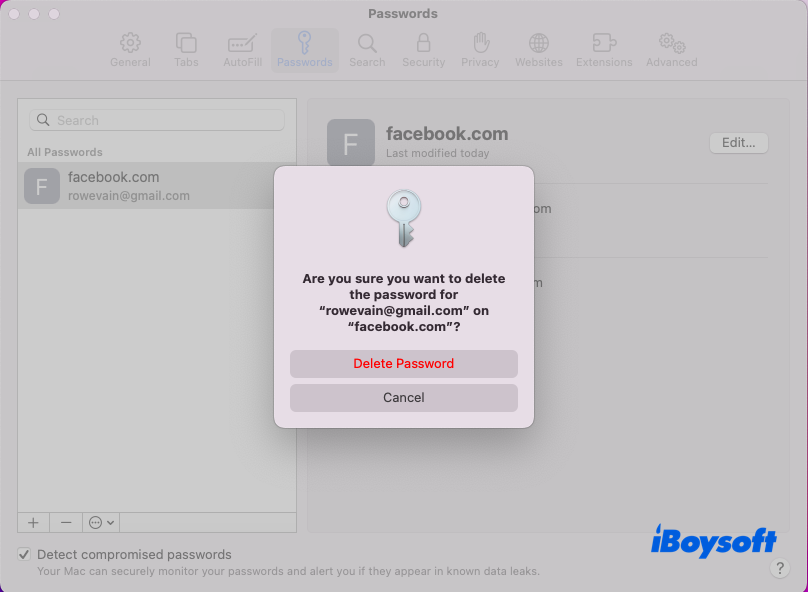 how to delete a password via password manager for Safari
