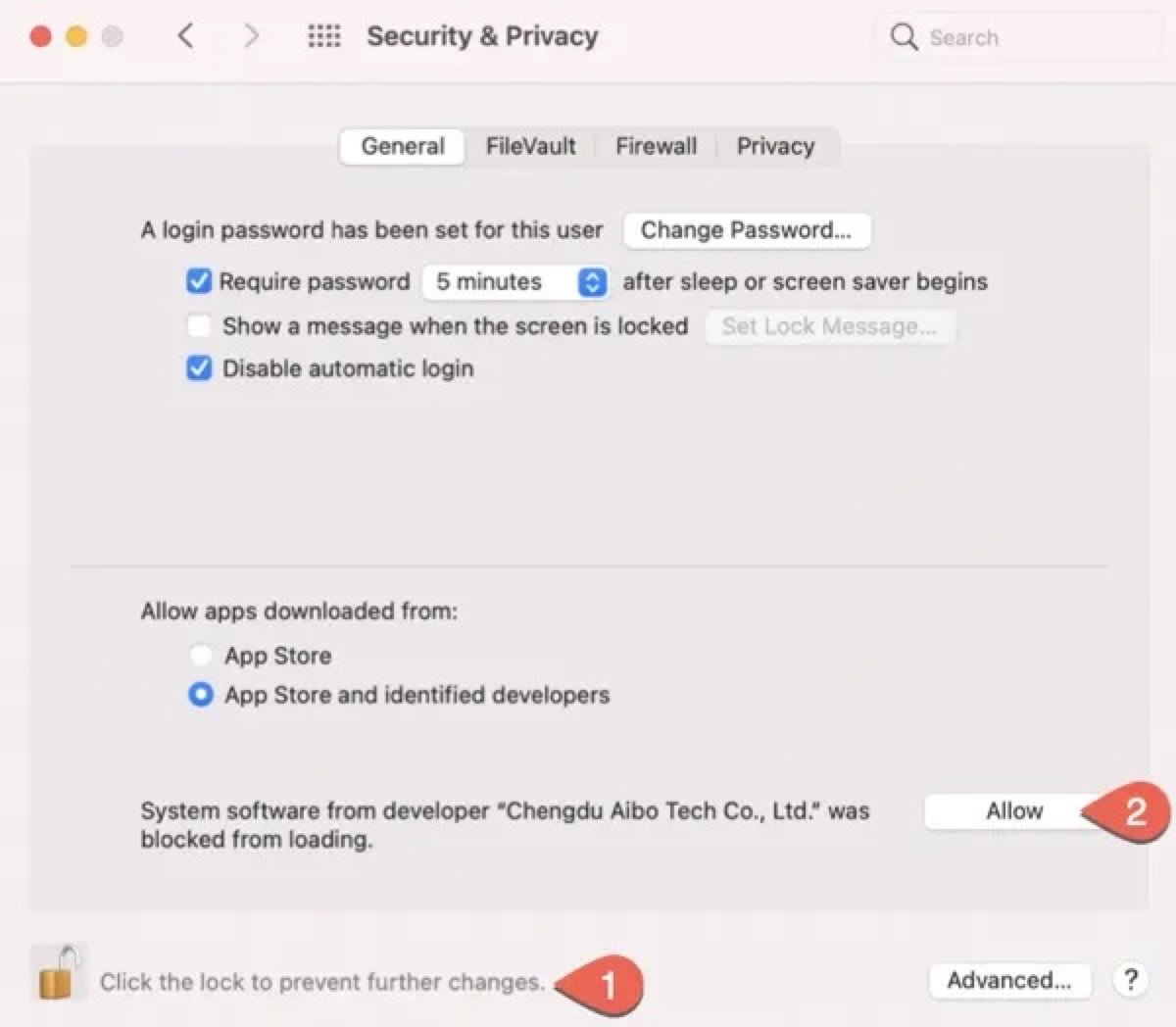 Where the Allow button is in Security and Privacy