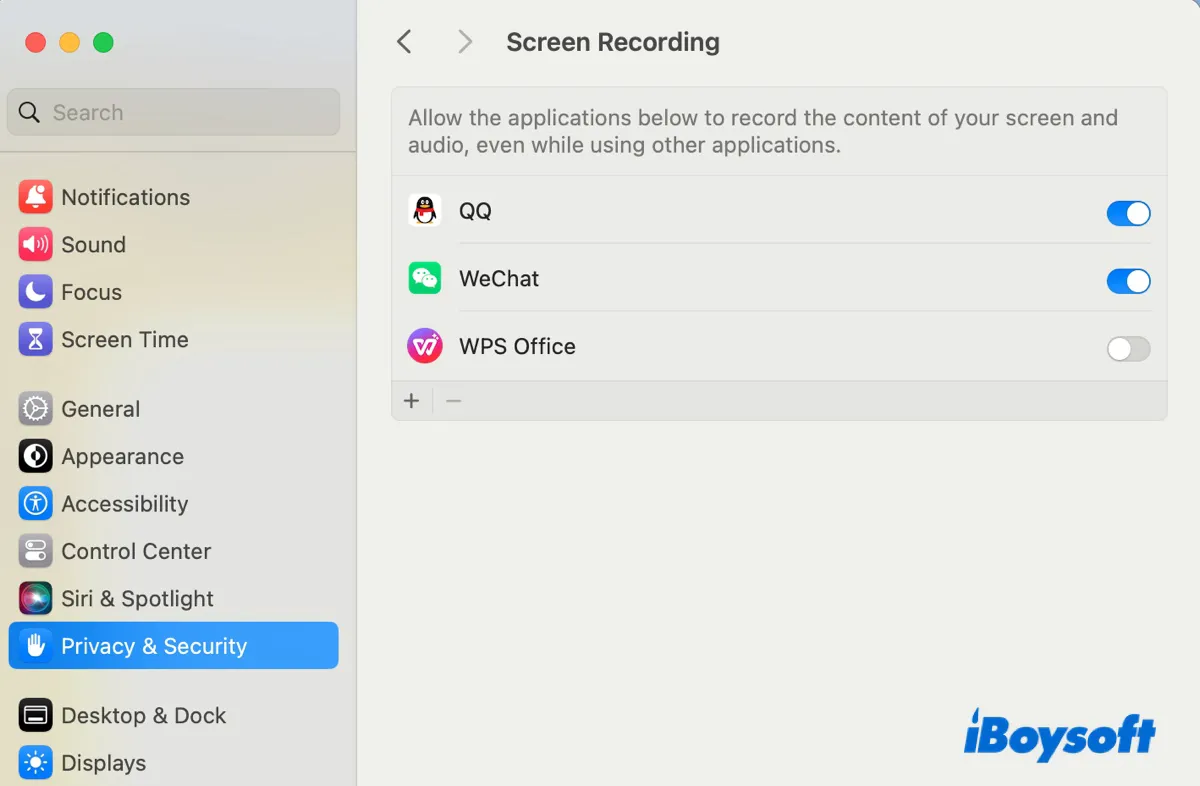 Check apps allowed access to Screen Recording in Security and Privacy