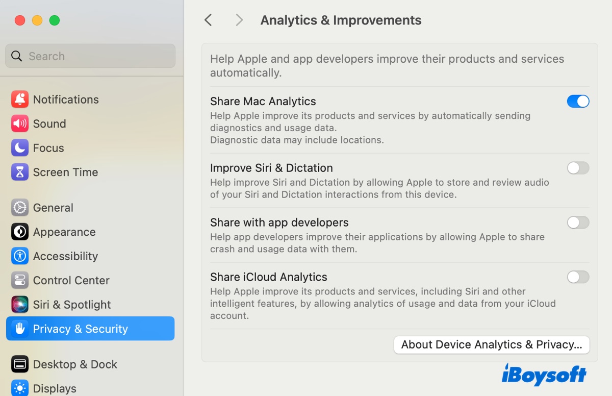 Turn off Analytics and Improvements